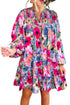 Multi-Color Floral Tie Neck Bubble Sleeve Shift Dress